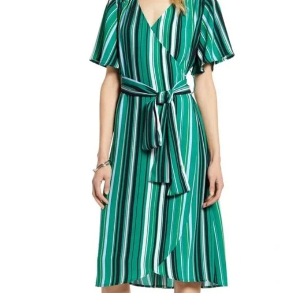 HALOGEN Striped Green Wrap Midi dress, size small